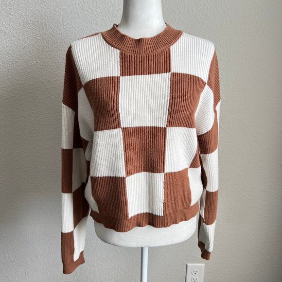 MNG Mango Checkered Pullover Knit Sweater Women's L Brown Off White - Picture 2 of 7